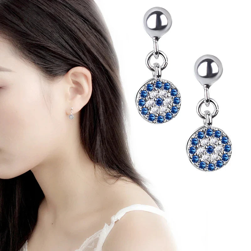 Round Blue Turkish Crystal Evil Eye Earrings