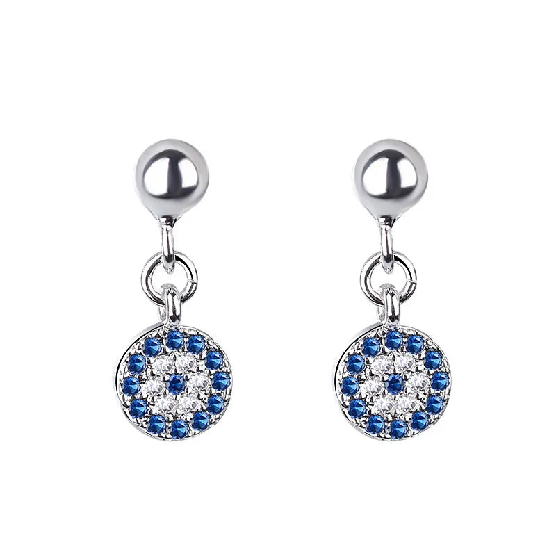 Round Blue Turkish Crystal Evil Eye Earrings