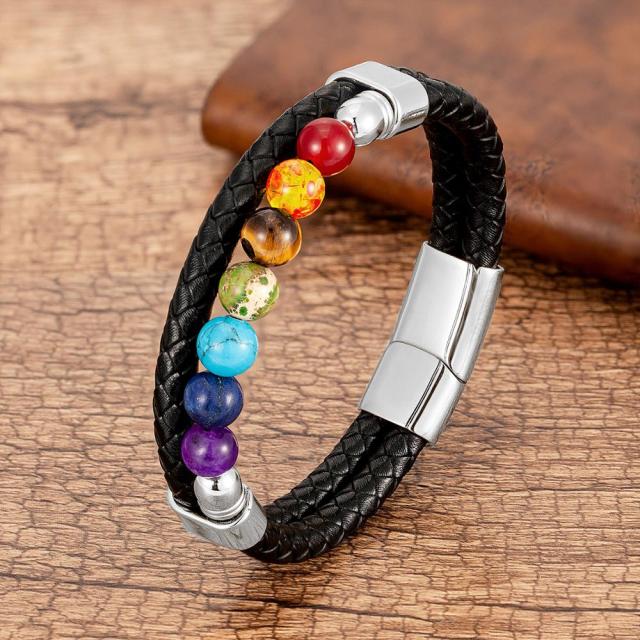 7 Chakras Leather Bracelet for Men and Women Silver