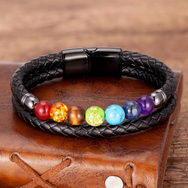 7 Chakras Leather Bracelet for Men and Women Black