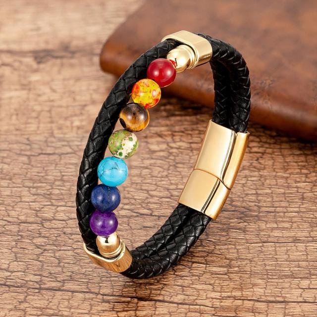 7 Chakras Leather Bracelet for Men and Women Gold