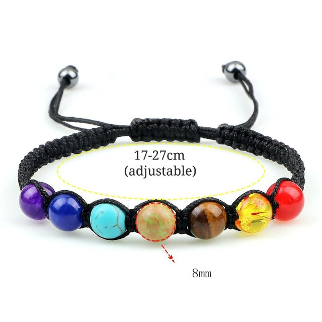 7 Chakras Braided Link Bracelet for Men and Women, Genuine Stones, black