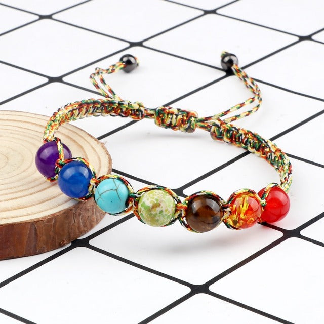 7 Chakras Braided Link Bracelet for Men and Women, Genuine Stones, multicolor