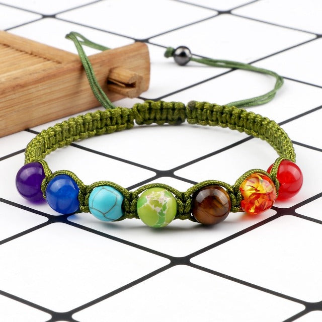 7 Chakras Braided Link Bracelet for Men and Women, Genuine Stones, green