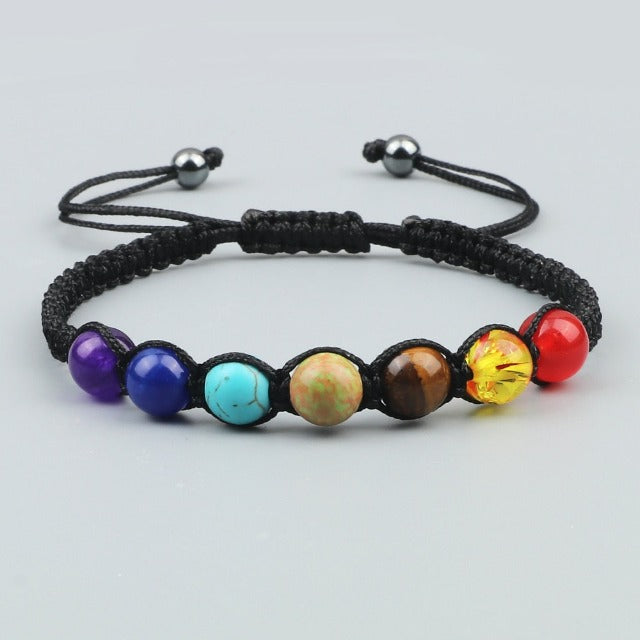 7 Chakras Braided Link Bracelet for Men and Women, Genuine Stones, black
