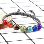 7 Chakras Braided Link Bracelet for Men and Women, Genuine Stones, gray