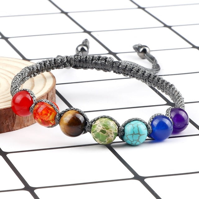 7 Chakras Braided Link Bracelet for Men and Women, Genuine Stones, gray