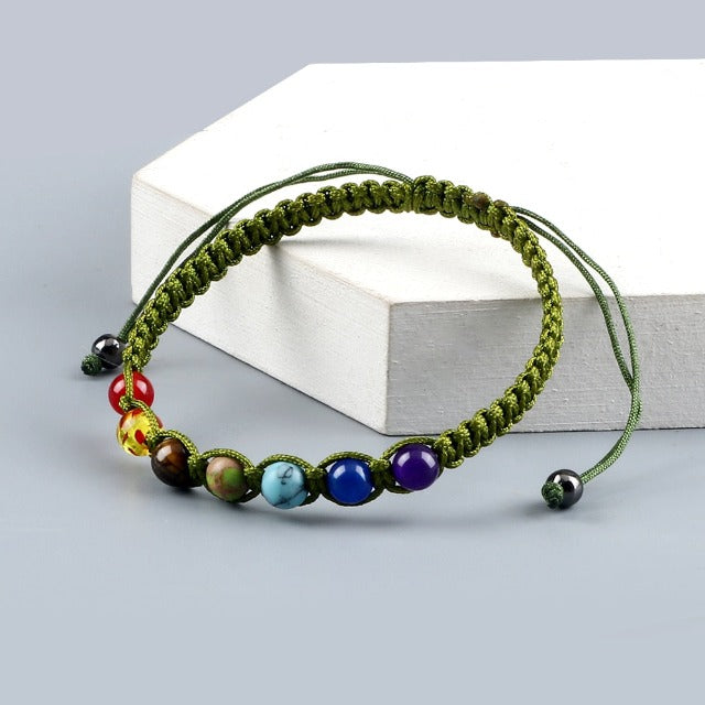 7 Chakras Braided Link Bracelet for Men and Women, Genuine Stones, green