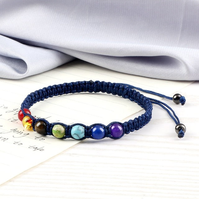 7 Chakras Braided Link Bracelet for Men and Women, Genuine Stones, blue