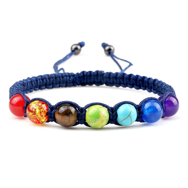 7 Chakras Braided Link Bracelet for Men and Women, Genuine Stones, blue
