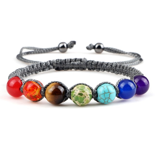 7 Chakras Braided Link Bracelet for Men and Women, Genuine Stones, gray