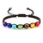 7 Chakras Braided Link Bracelet for Men and Women, Genuine Stones, brown