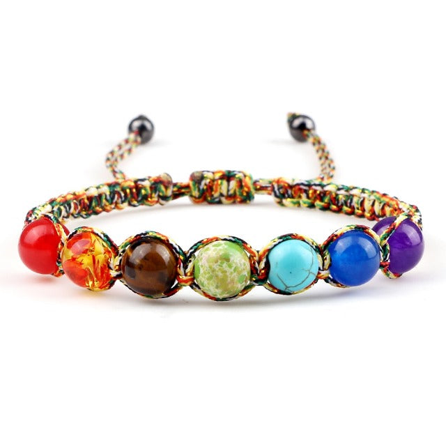 7 Chakras Braided Link Bracelet for Men and Women, Genuine Stones, multicolor