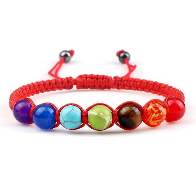7 Chakras Braided Link Bracelet for Men and Women, Genuine Stones, red