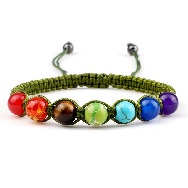 7 Chakras Braided Link Bracelet for Men and Women, Genuine Stones, green