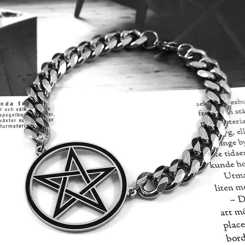 Wiccan Sorcery Pentacle Steel Bracelet Chain