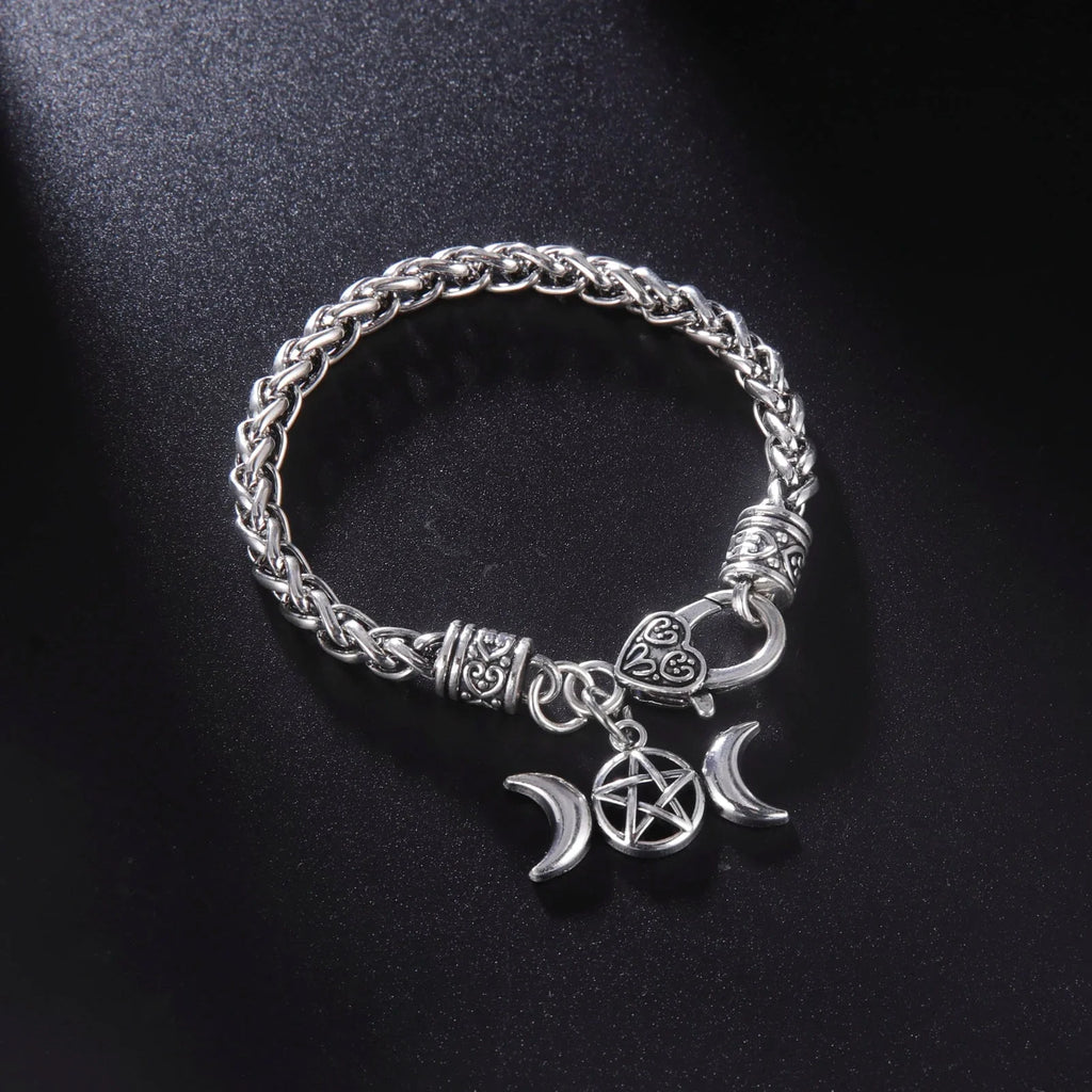 Wiccan Triple Moon Steel Bracelet Curb Chain Witchcraft