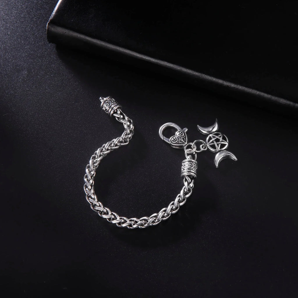 Wiccan Triple Moon Steel Bracelet Curb Chain Witchcraft