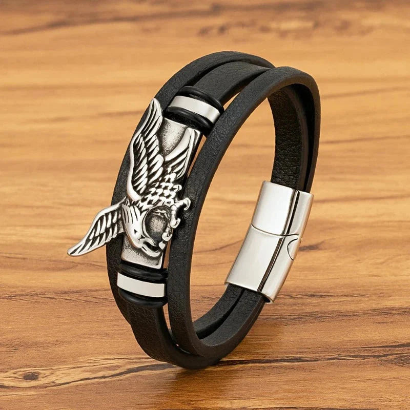 Silver Men's Leather Eagle Bracelet