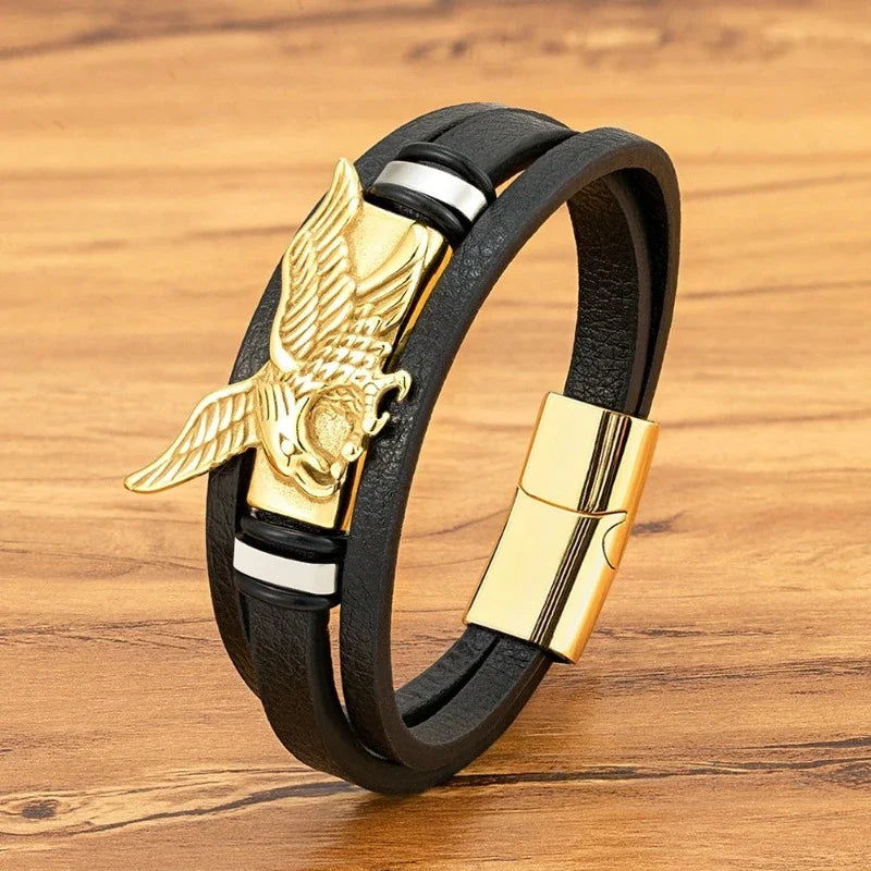 Gold Men's Leather Eagle Bracelet