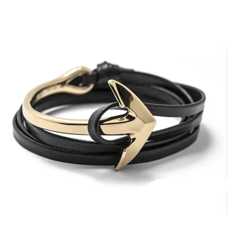Wide adjustable anchor bracelet gold and black