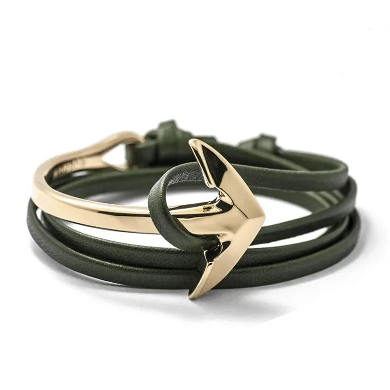 Wide adjustable anchor bracelet gold and green