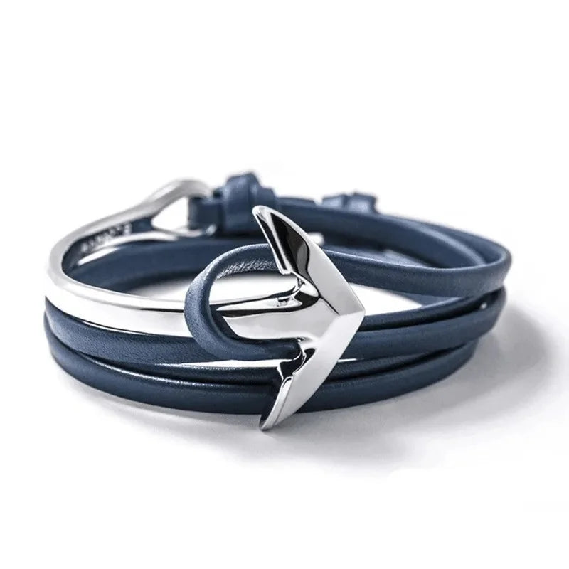 Wide adjustable anchor bracelet silver and blue
