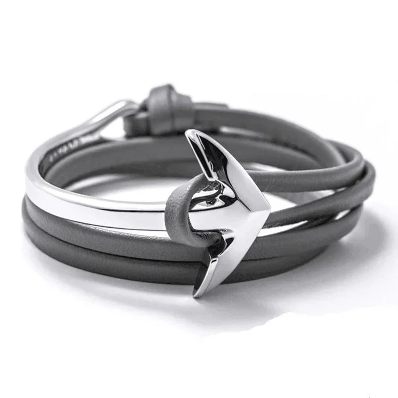 Wide adjustable anchor bracelet silver and gray