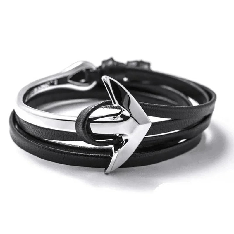 Wide adjustable anchor bracelet silver and black