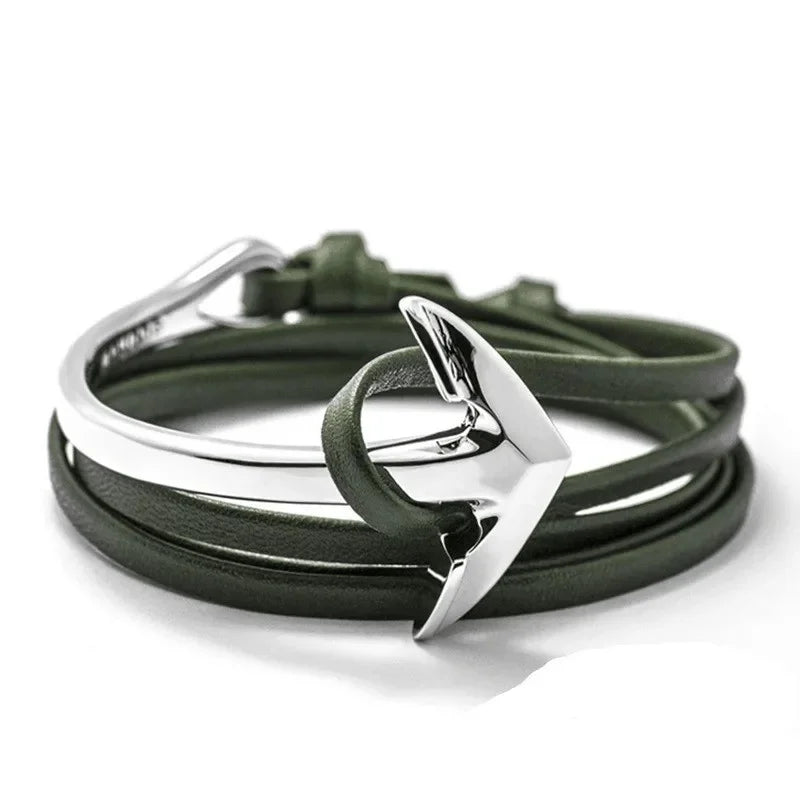 Wide adjustable anchor bracelet silver and green