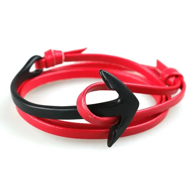 Wide adjustable anchor bracelet black and red