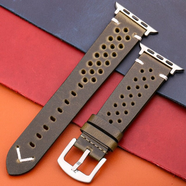 Apple Watch Strap in Genuine Leather khaki green and silver