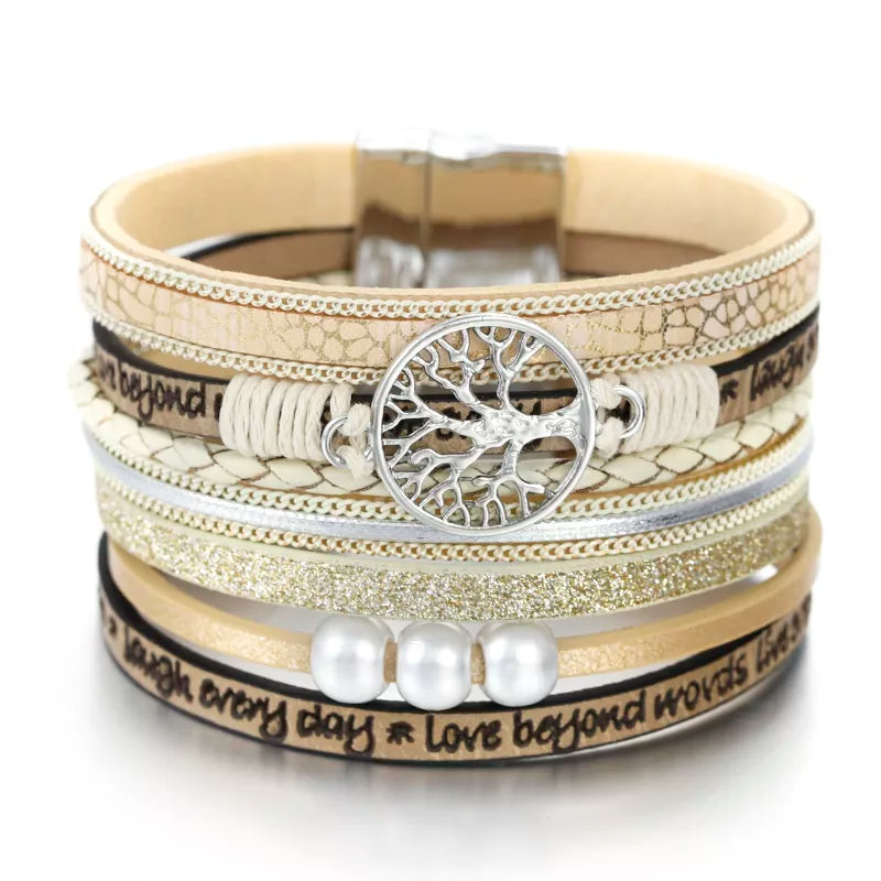 Tree of Life Bracelet Leather Cuff in Beige
