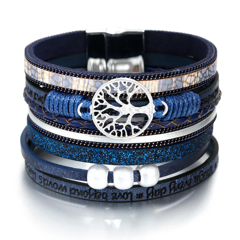 Tree of Life Bracelet Leather Cuff in Blue