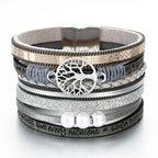 Tree of Life Bracelet Leather Cuff in Gray