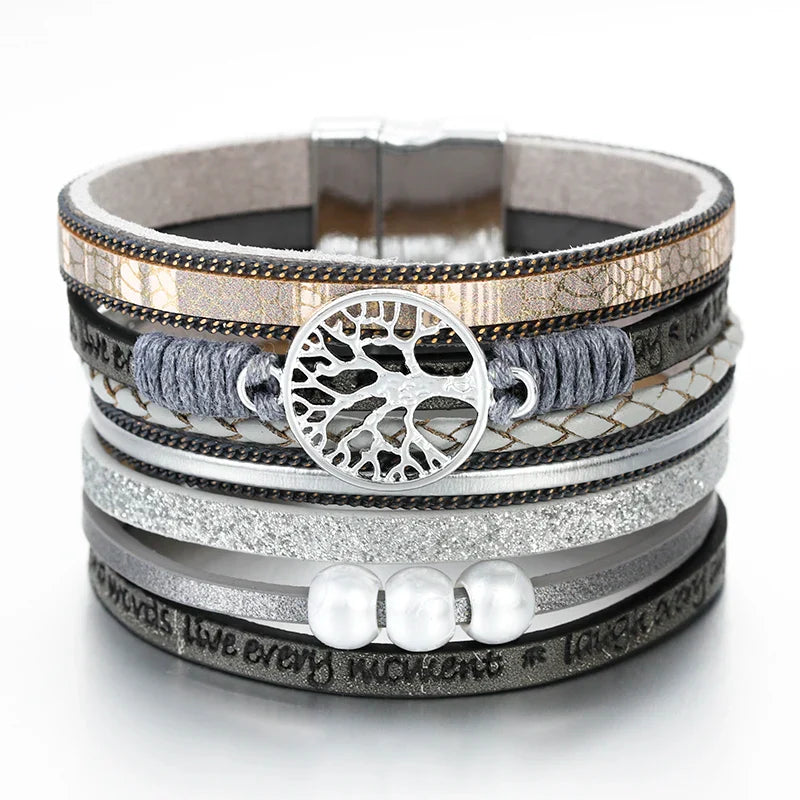 Tree of Life Bracelet Leather Cuff in Gray