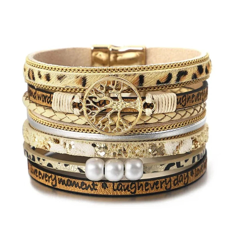 Tree of Life Bracelet Leather Cuff in Leopard