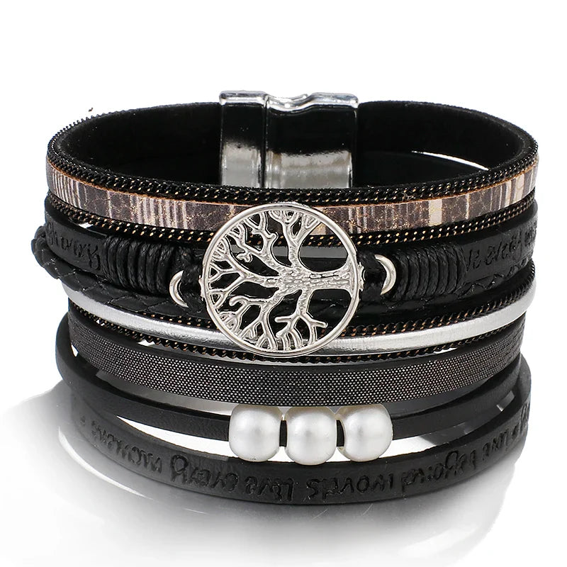 Tree of Life Bracelet Leather Cuff in Black