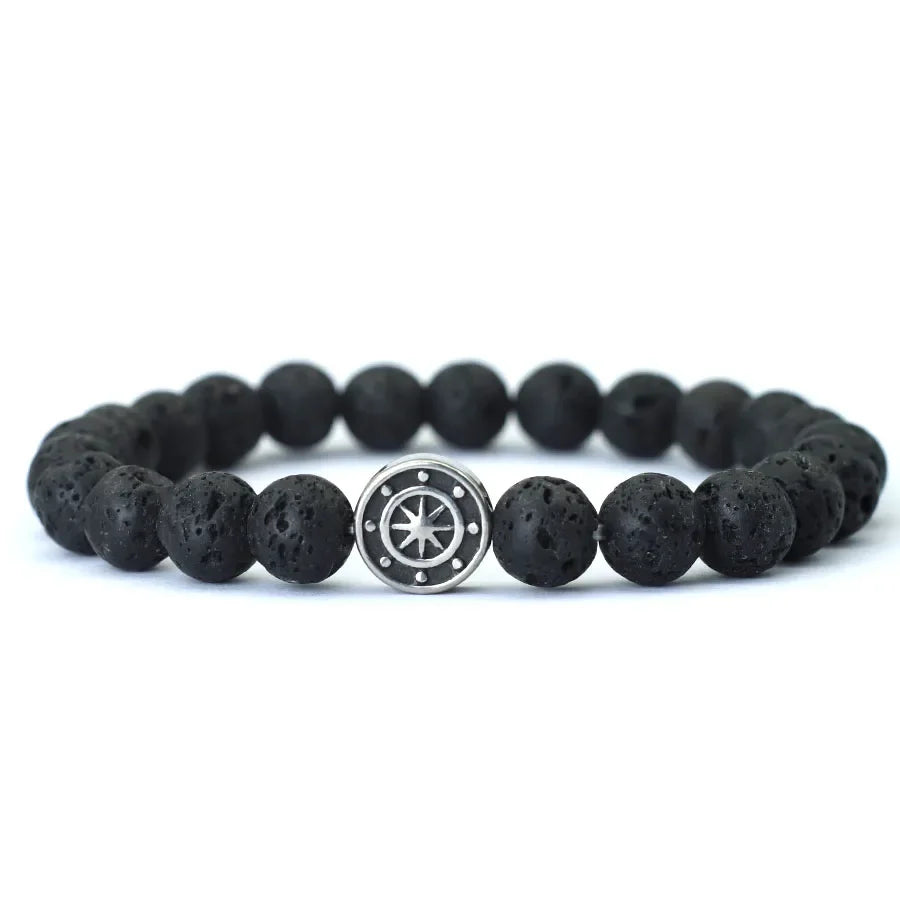 Bracelet with Compass Wind Rose in Natural Stones lava stone