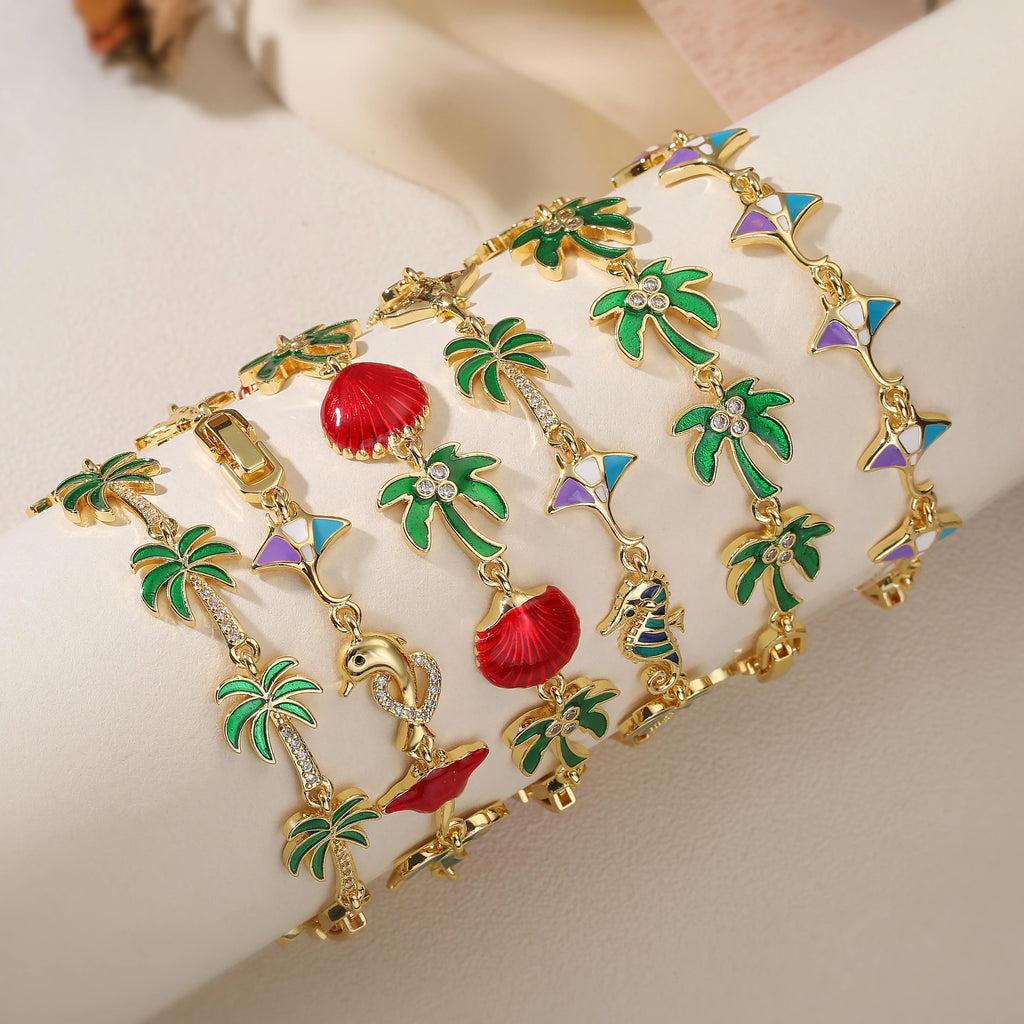 Bracelet with green enamel palm charms