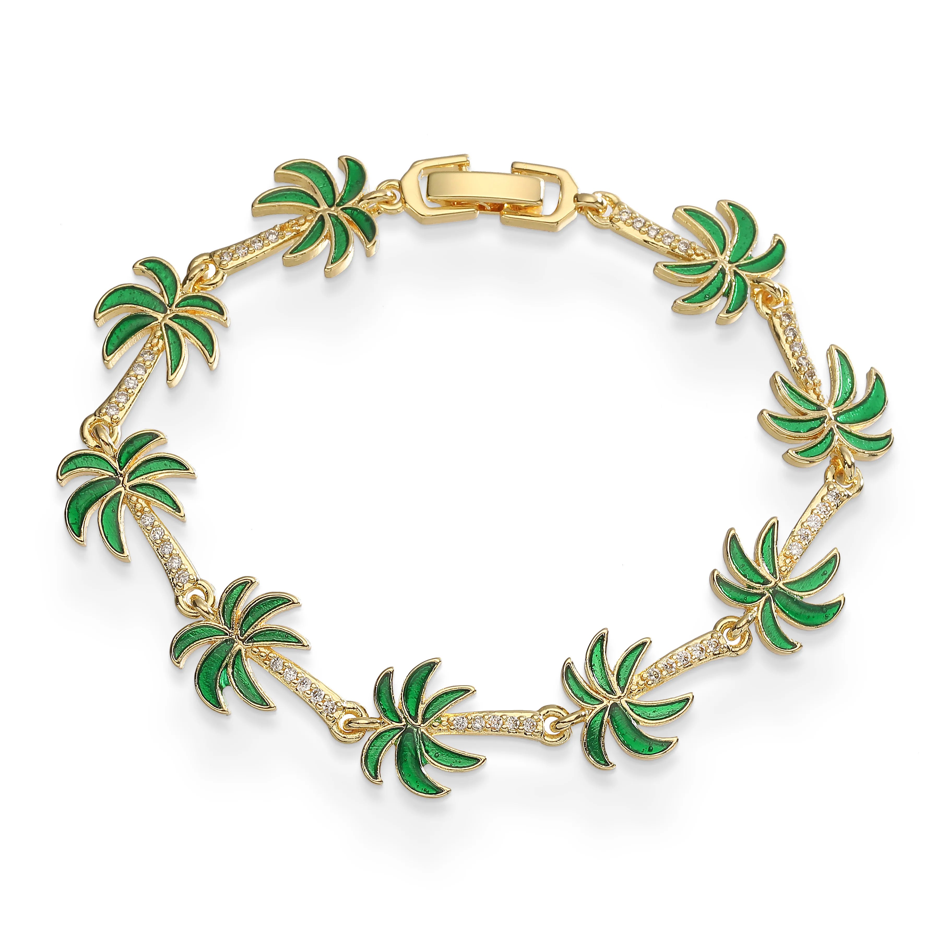 Bracelet with green enamel palm charms