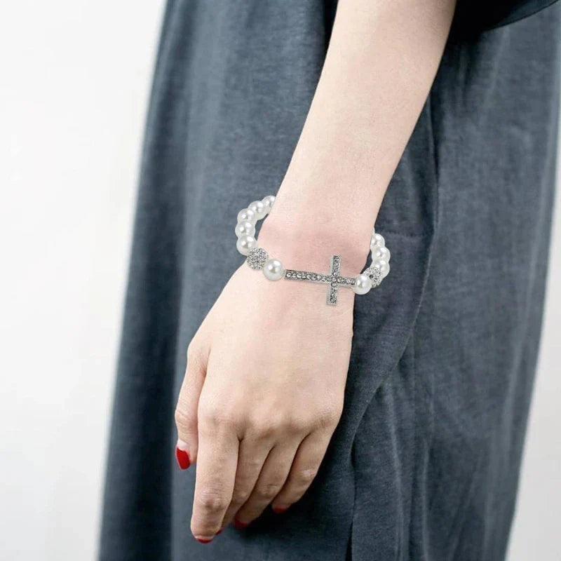 Bracelet with White Beads and Cross