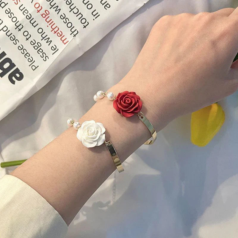 Bracelet with Beads and White Rose Flower