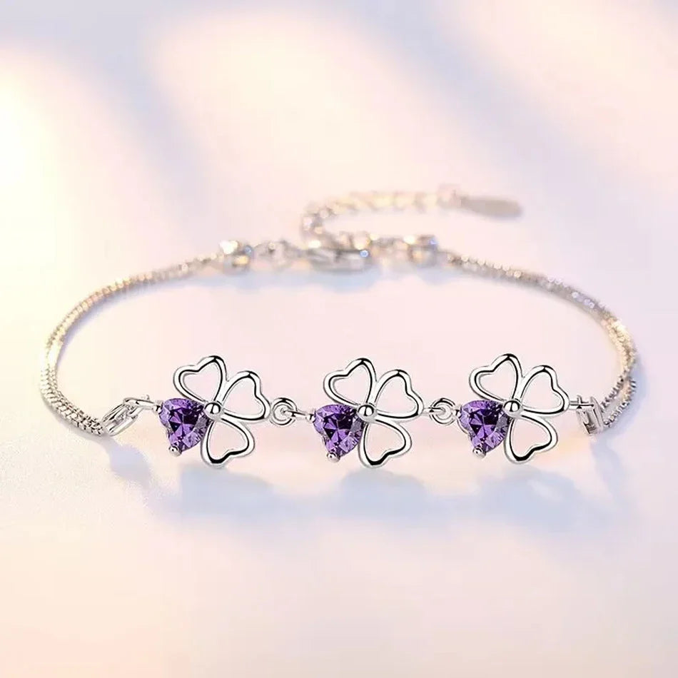Bracelet with Four-Leaf Clovers with Purple Zircon