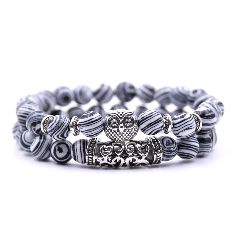 Owl Bracelet - Owl Link Bracelet White and Black Beads