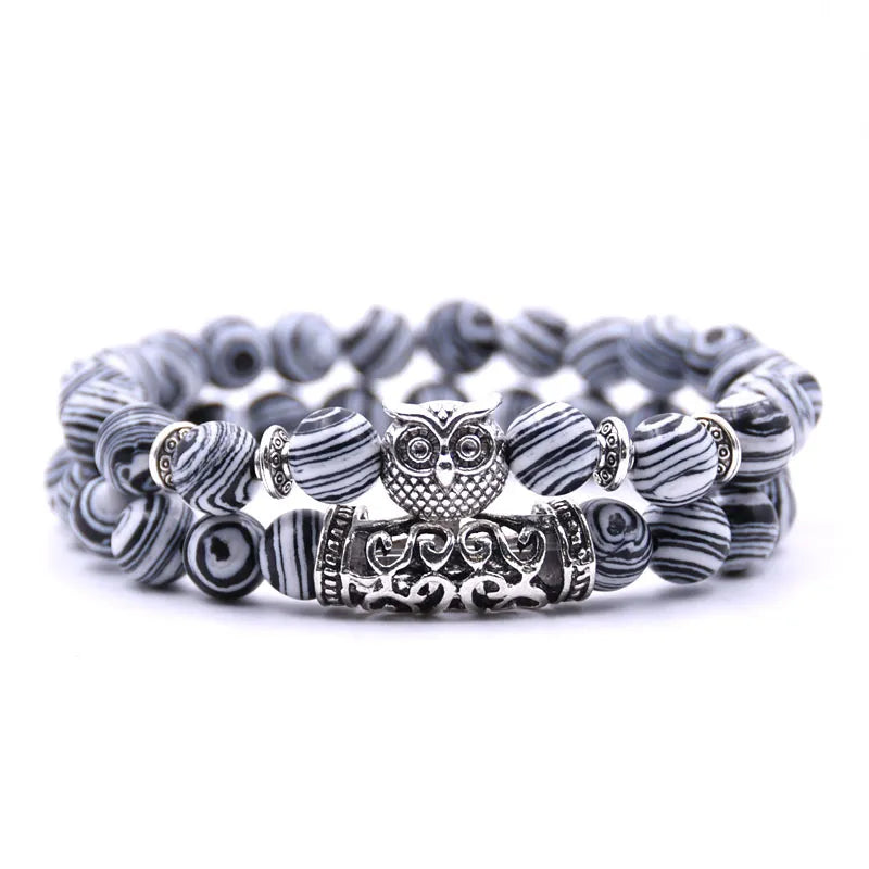 Owl Bracelet - Owl Link Bracelet White and Black Beads