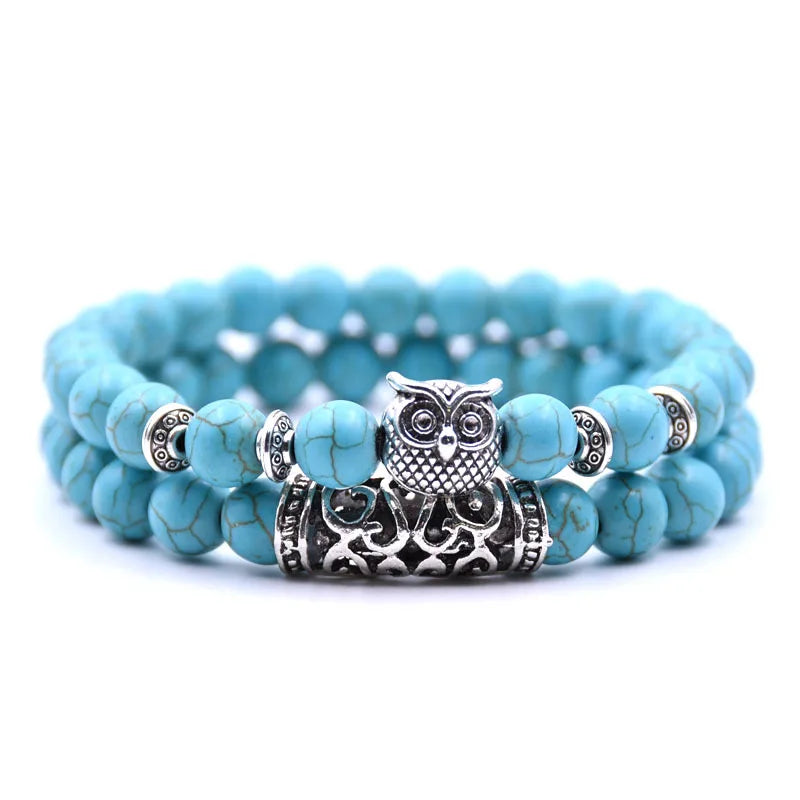 Owl Bracelet - Owl Link Bracelet Sky Blue Beads