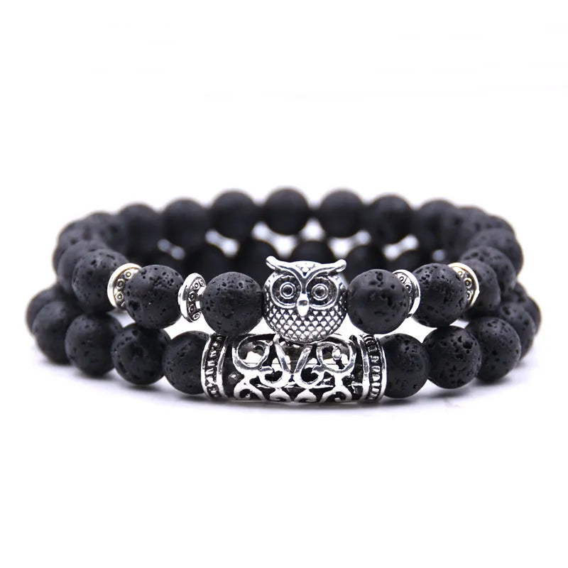 Owl Bracelet - Owl Link Bracelet Very Dark Gray Beads
