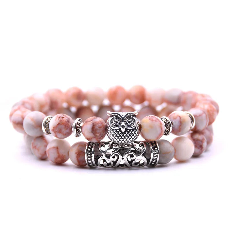 Owl Bracelet - Owl Link Bracelet Pink Beads