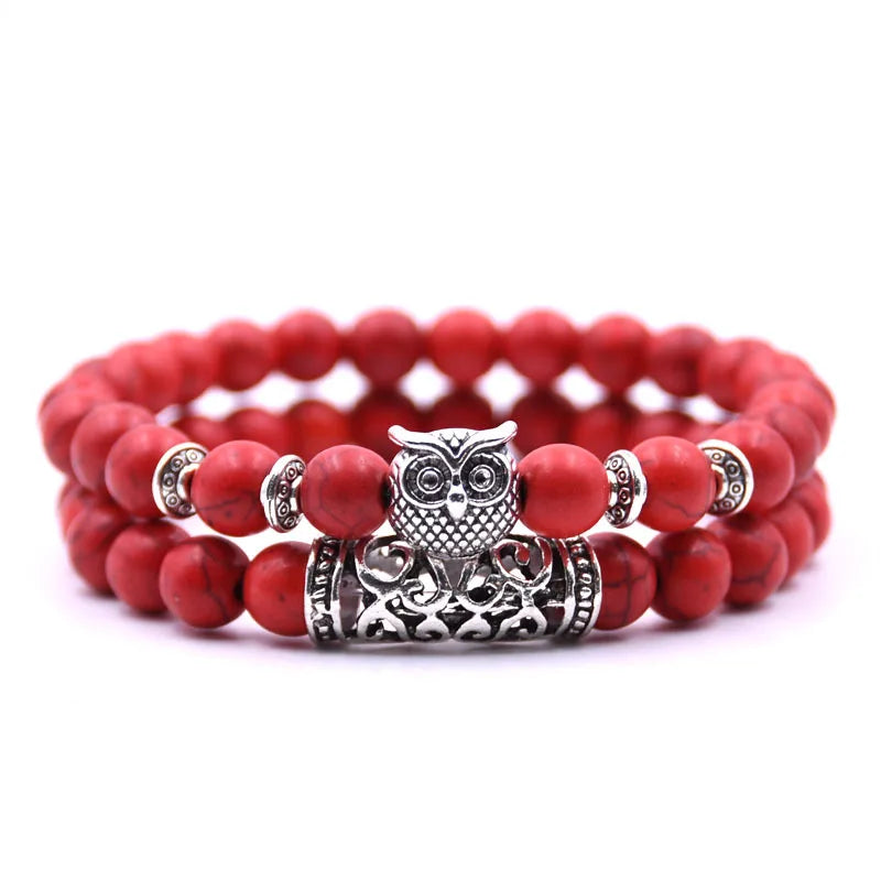 Owl Bracelet - Owl Link Bracelet Red Beads